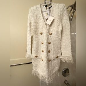 Balmain Double-breasted fringe-trimmed bouclé-tweed mini dress